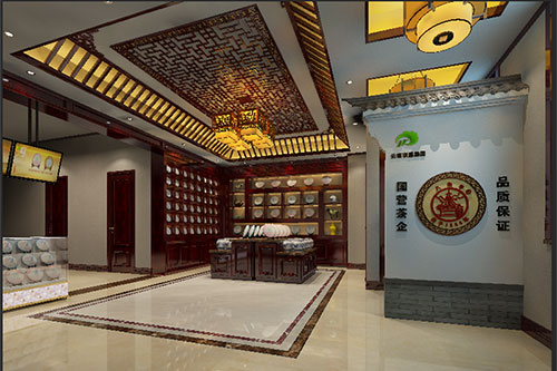 三门古朴典雅的中式茶叶店大堂设计效果图