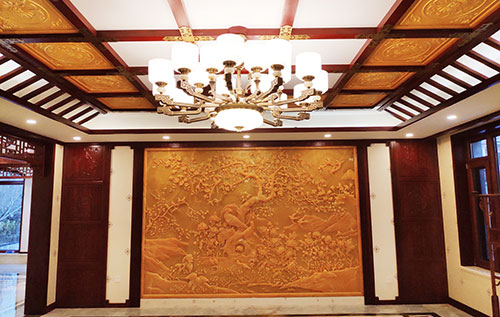 三门中式别墅客厅中式木作横梁吊顶装饰展示
